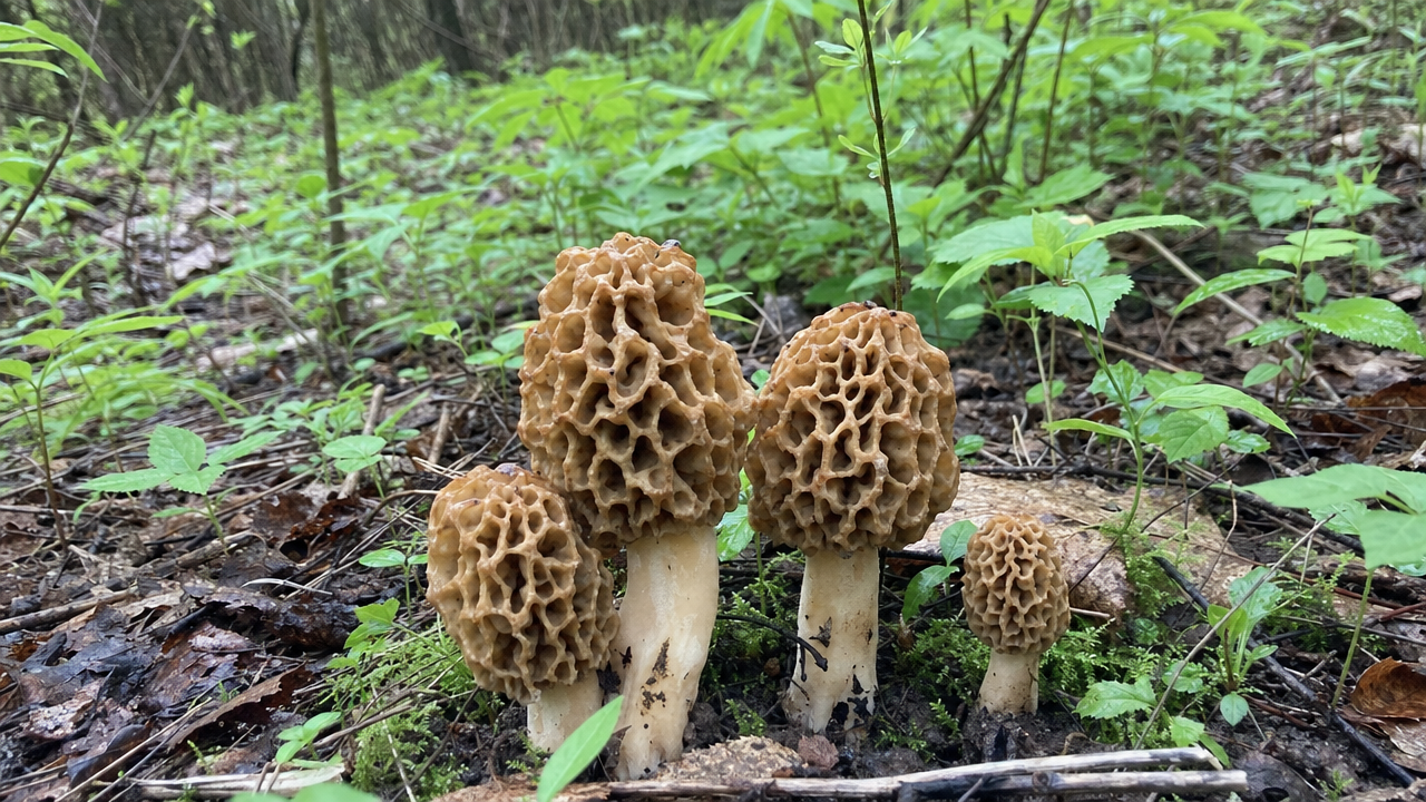 Smardz jadalny (Morchella esculenta) rosnący w polskim lesie wiosną — charakterystyczny kapelusz o strukturze plastra miodu